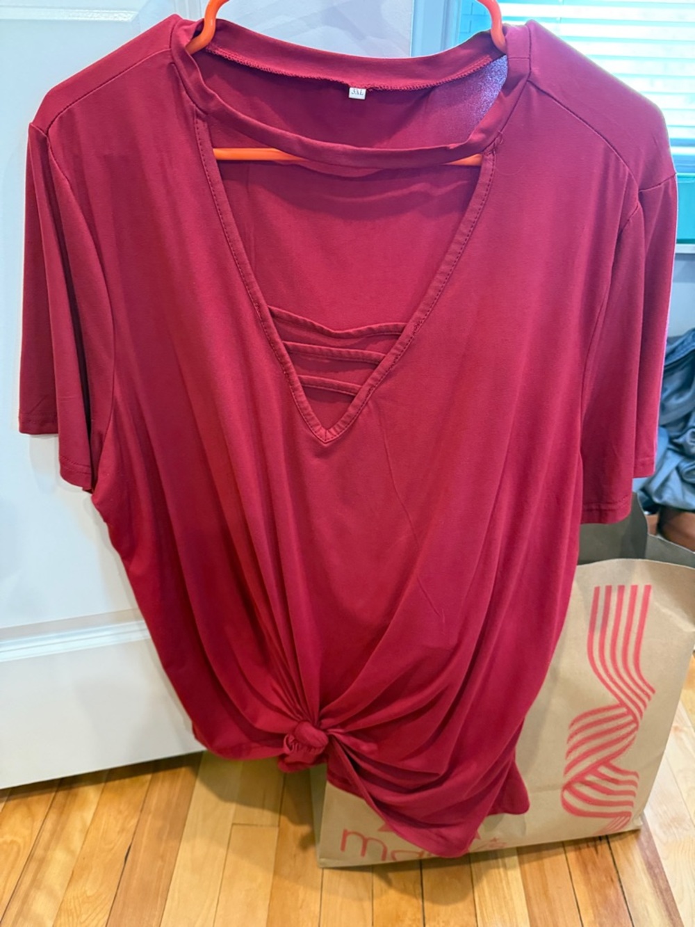 SHEIN Burgundy V-Neck Knot Front Short Sleeve Top